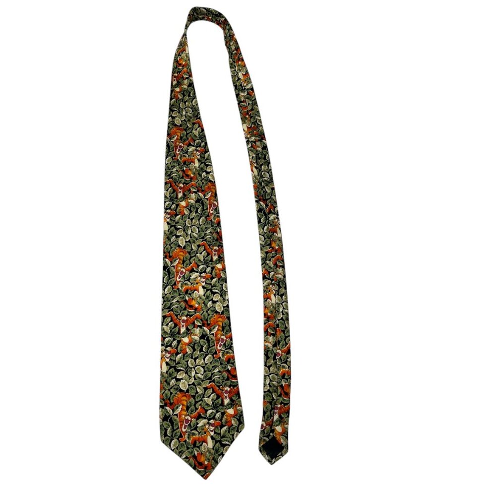 Vintage Disney World Mens Tigger in Jungle Leaves Green Orange Silk Pointed Tie - Picture 3 of 11
